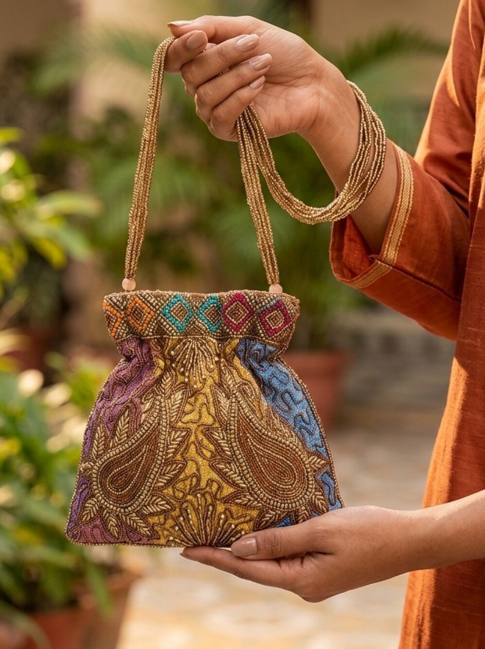 Embroidered Multicolor Drawstring Women’s Evening Clutch